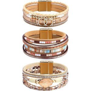 Boho Leather Wrap Bracelets for Women - Stackable Cuff Bangle with Beads